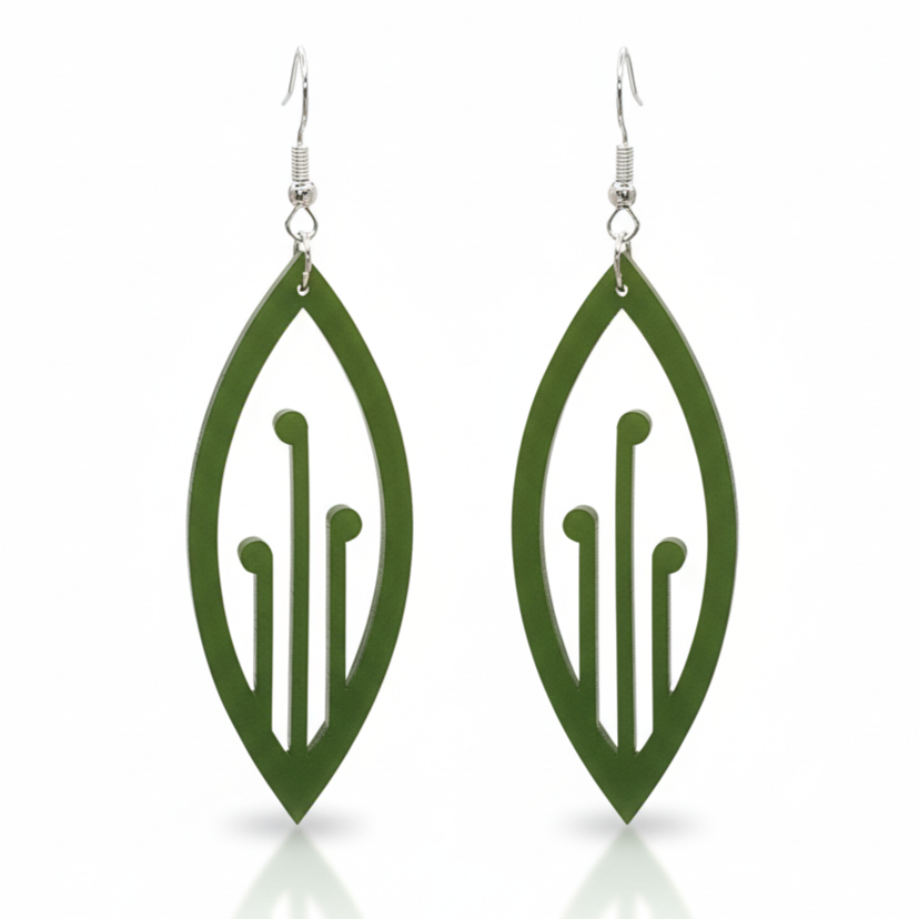 Ponga earrings, marquise leaf with cut-outs in pounamu satin acrylic.