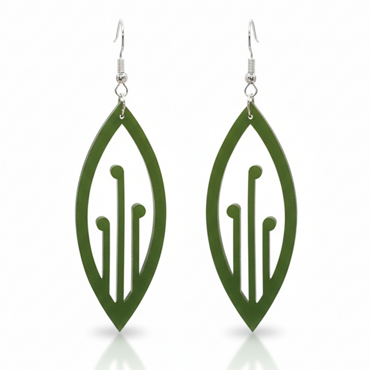 Ponga earrings, marquise leaf with cut-outs in pounamu satin acrylic.