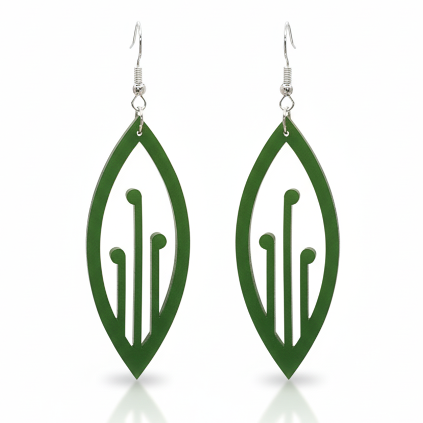 Pair of green Pounamu Satin Acrylic Ponga leaf earrings with pierced fern designs and silver-coloured hooks.