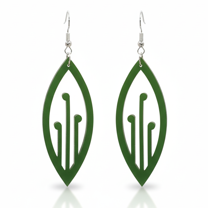 Pair of green Pounamu Satin Acrylic Ponga leaf earrings with pierced fern designs and silver-coloured hooks.