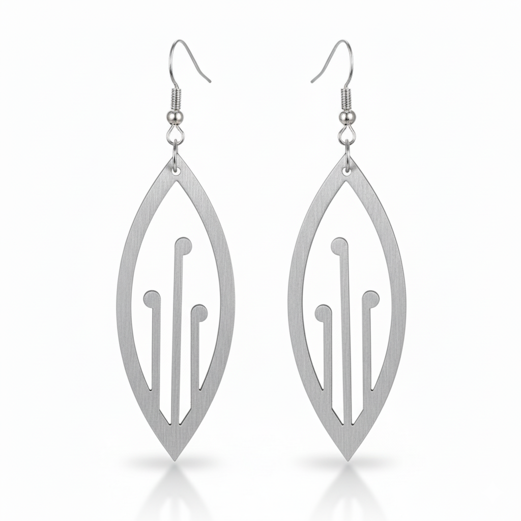 Ponga earrings, marquise leaf with cut-outs in brushed silver metallic.