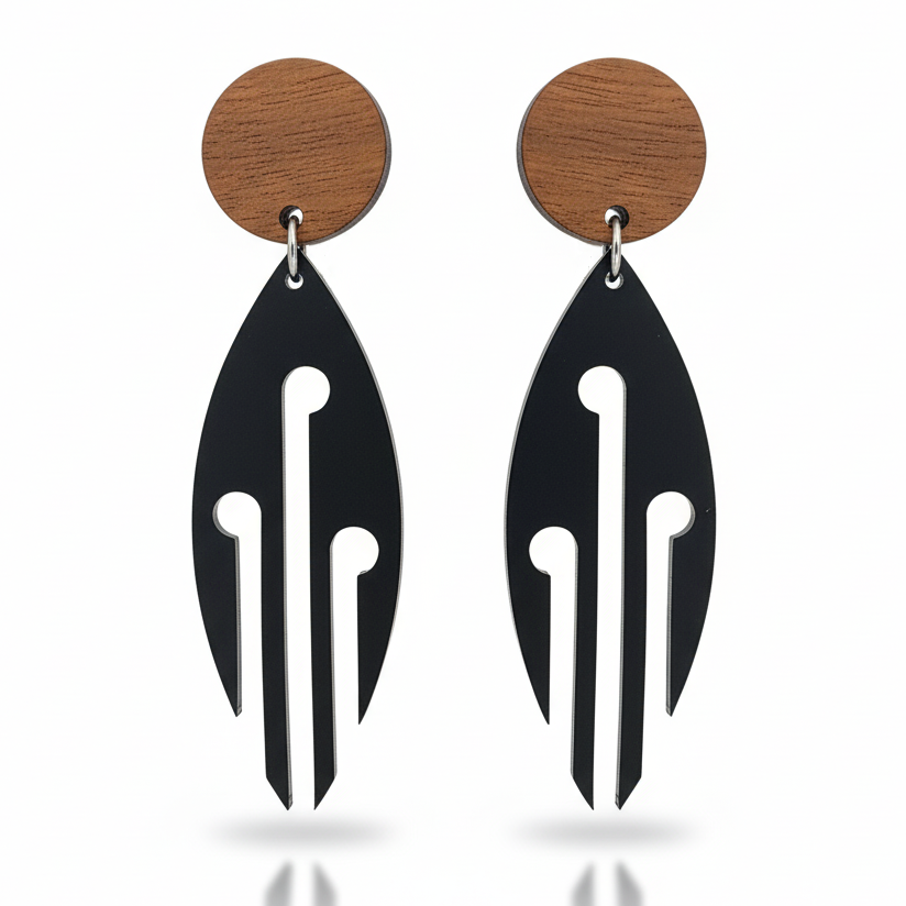 Ponga Wood Stud earrings, marquise leaf with cut-outs; black acrylic drop with natural wood stud.