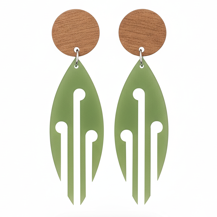 Ponga Wood Stud earrings, marquise leaf with cut-outs; pounamu-tone drop with natural wood stud.