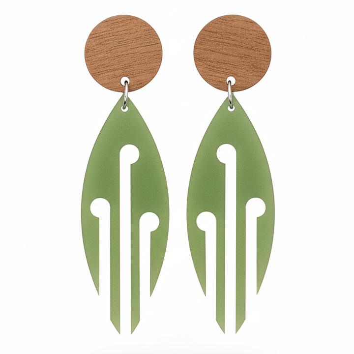 Ponga Wood Stud earrings, marquise leaf with cut-outs; pounamu-tone drop with natural wood stud.