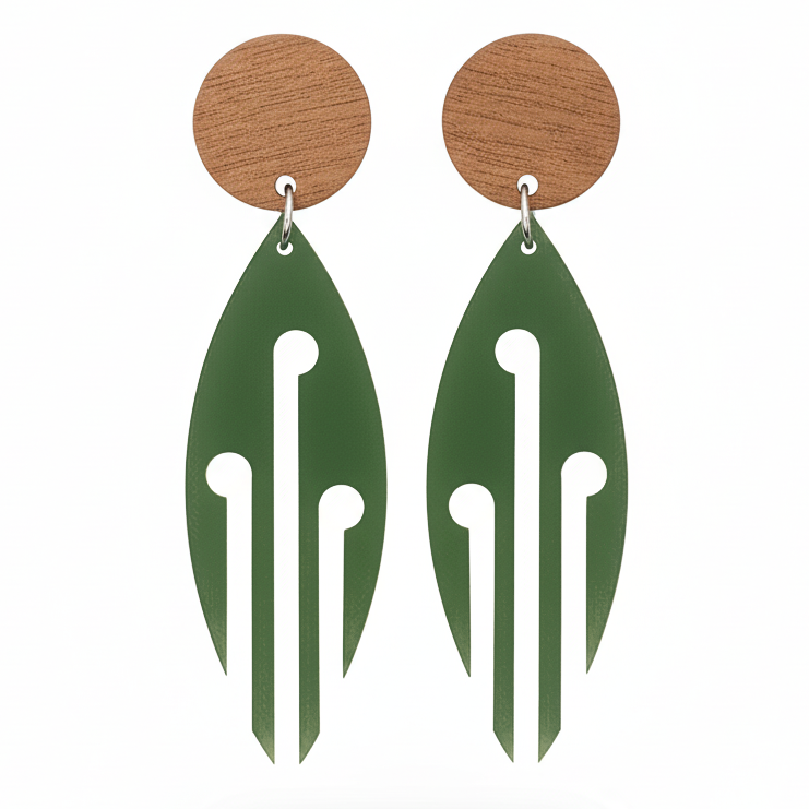 Ponga Wood Stud earrings in Pounamu Satin Acrylic with natural wood studs.
