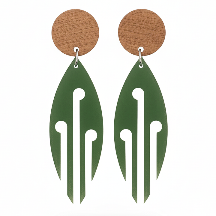 Ponga Wood Stud earrings in Pounamu Satin Acrylic with natural wood studs.