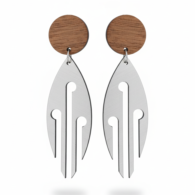 Ponga Wood Stud earrings, marquise leaf with cut-outs; brushed silver metallic drop with natural wood stud.
