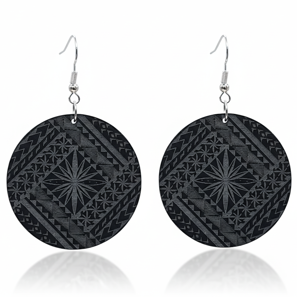 Samoan Round earrings with engraved siapo (tapa) motif in black acrylic.