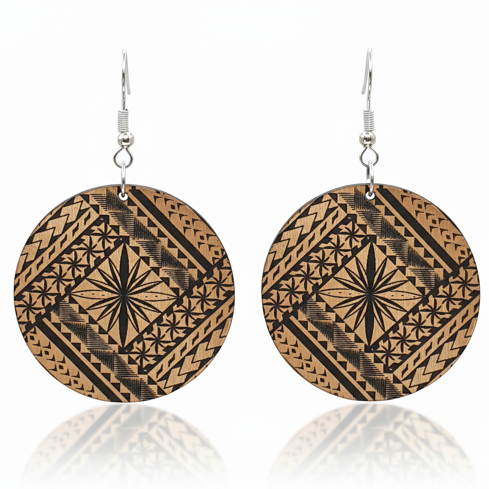 Samoan Round earrings with engraved siapo (tapa) motif in brushed copper metallic.
