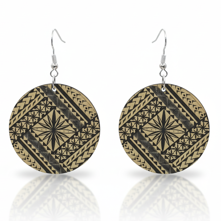 Samoan Round earrings with engraved siapo (tapa) motif in brushed gold metallic.