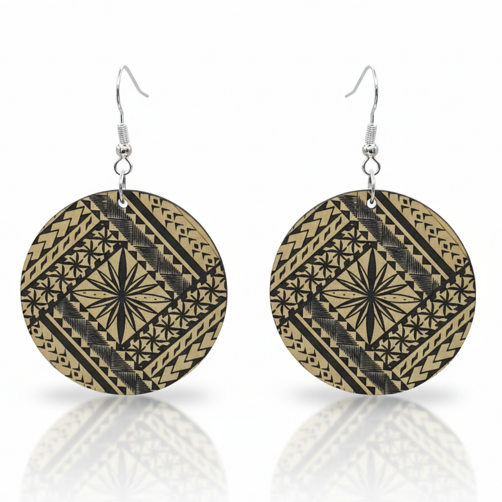 Samoan Round earrings with engraved siapo (tapa) motif in brushed gold metallic.