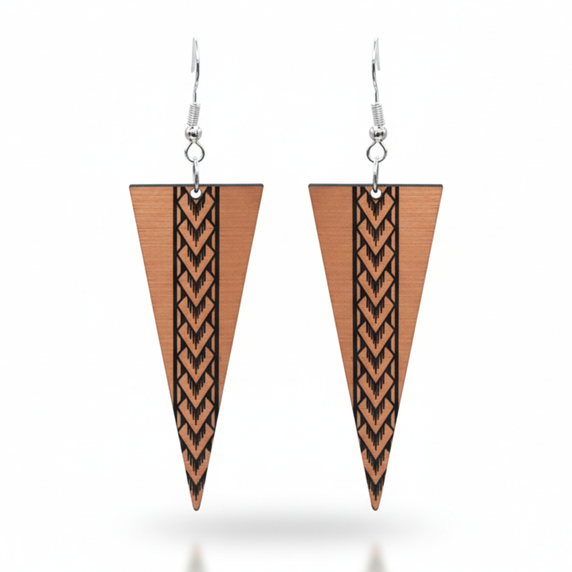 Samoan Spearhead earrings, tapered triangle with central Samoan engraving in brushed copper metallic.