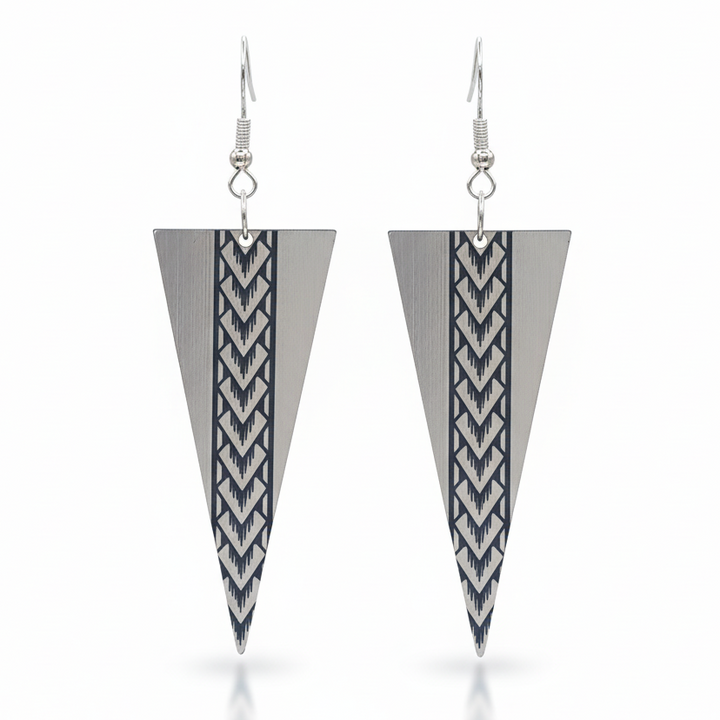 Samoan Spearhead earrings, tall tapered triangle with central Samoan engraving in brushed silver metallic.