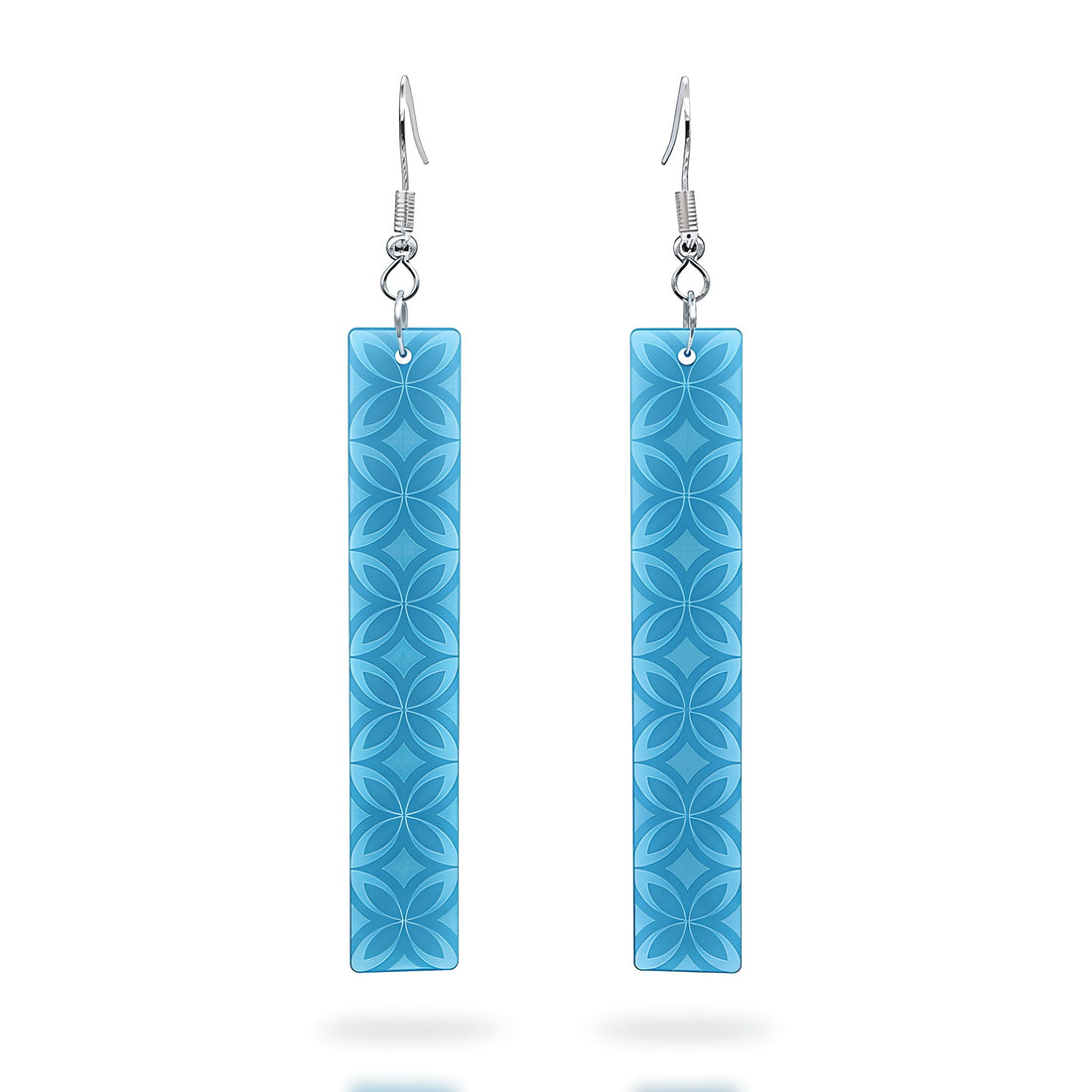 Tapa Bar earrings, slim rectangle with engraved tapa pattern in aqua acrylic.
