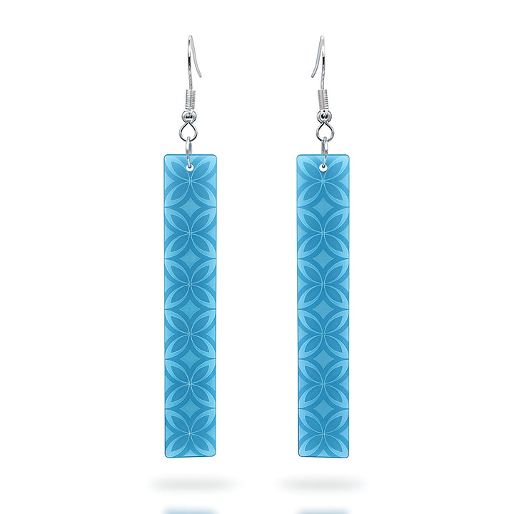 Tapa Bar earrings, slim rectangle with engraved tapa pattern in aqua acrylic.