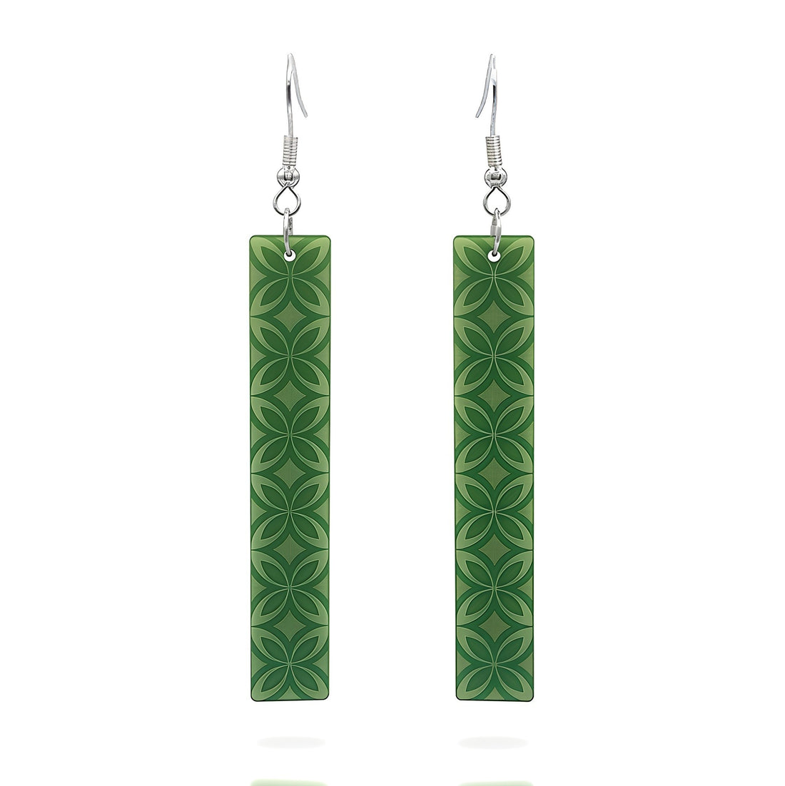 Tapa Bar earrings, slim rectangle with engraved tapa pattern in pounamu satin acrylic.
