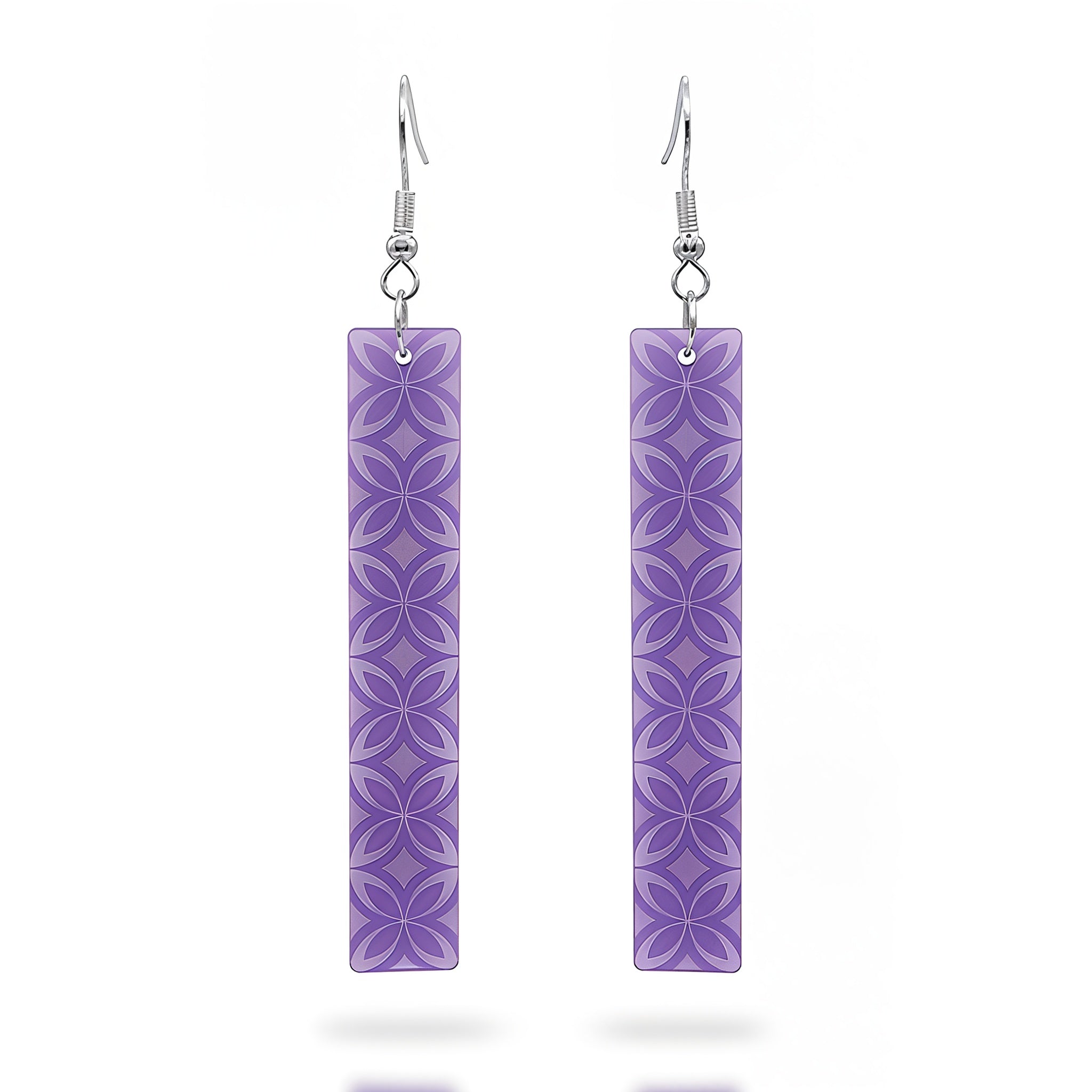 Tapa Bar earrings, slim rectangle with engraved tapa pattern in purple acrylic.