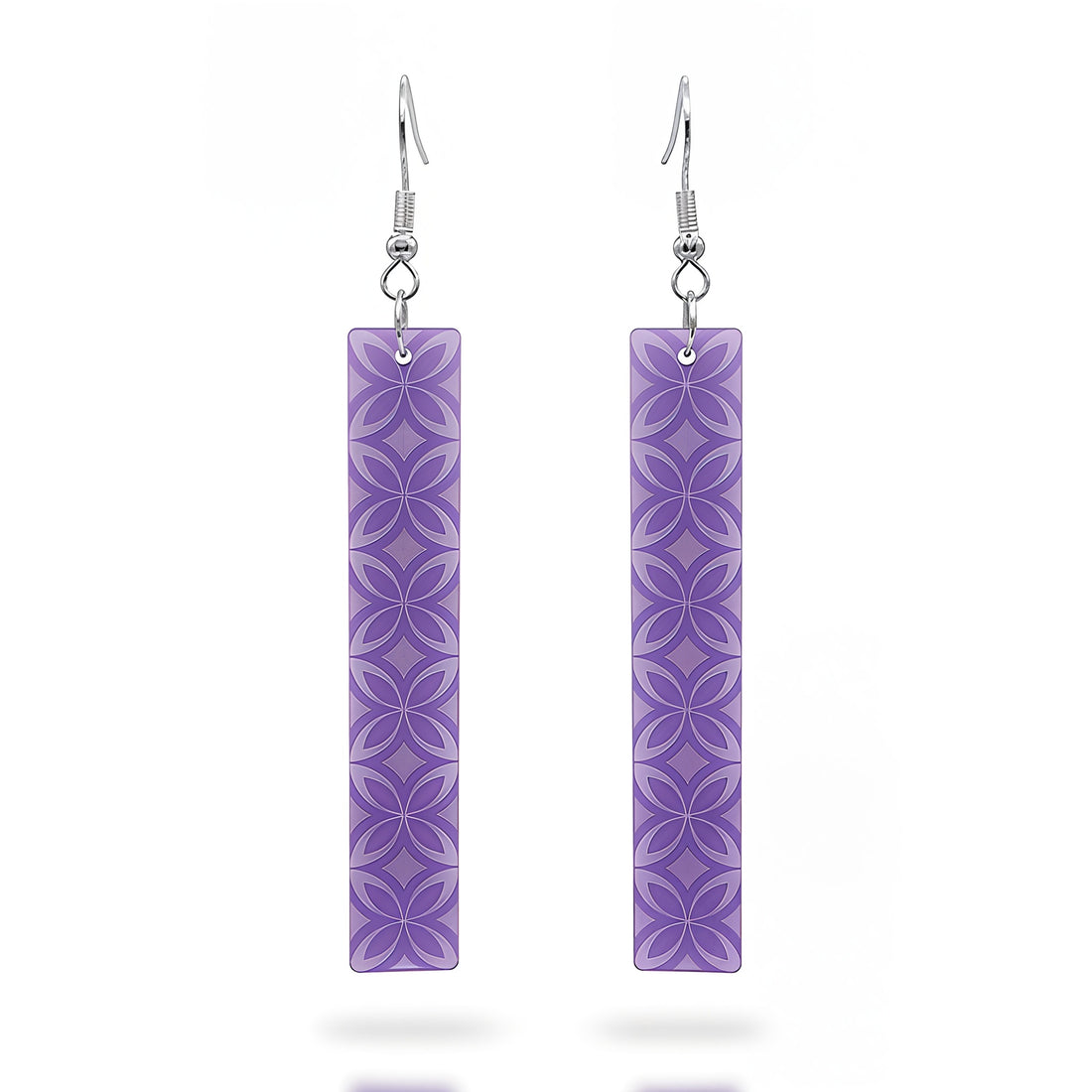 Tapa Bar earrings, slim rectangle with engraved tapa pattern in purple acrylic.