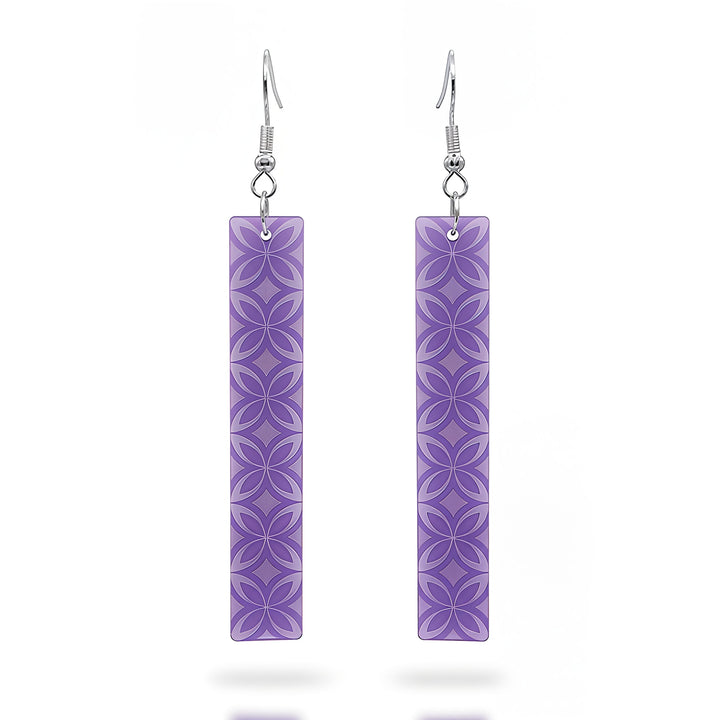 Tapa Bar earrings, slim rectangle with engraved tapa pattern in purple acrylic.