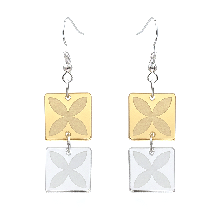 Tapa Double earrings, stacked squares with tapa-inspired motif; gold mirror on top, silver mirror below.