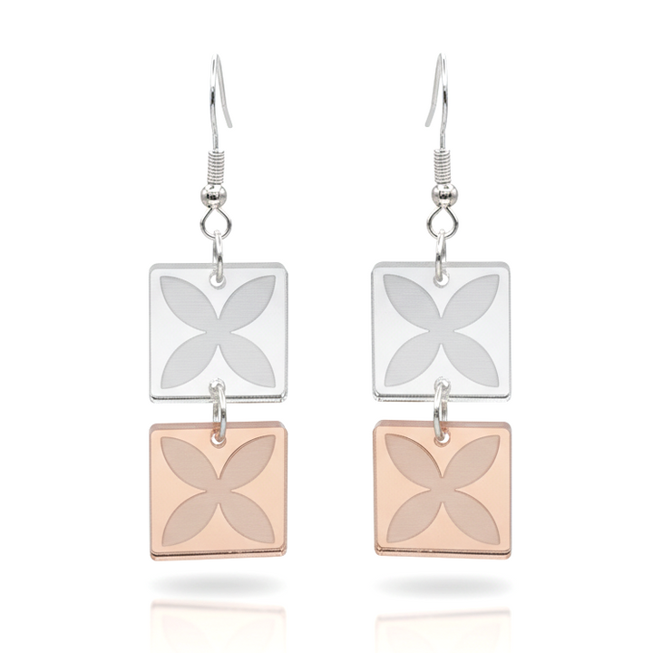 Tapa Double earrings, stacked squares with tapa-inspired motif; silver mirror on top, rose-gold mirror below.