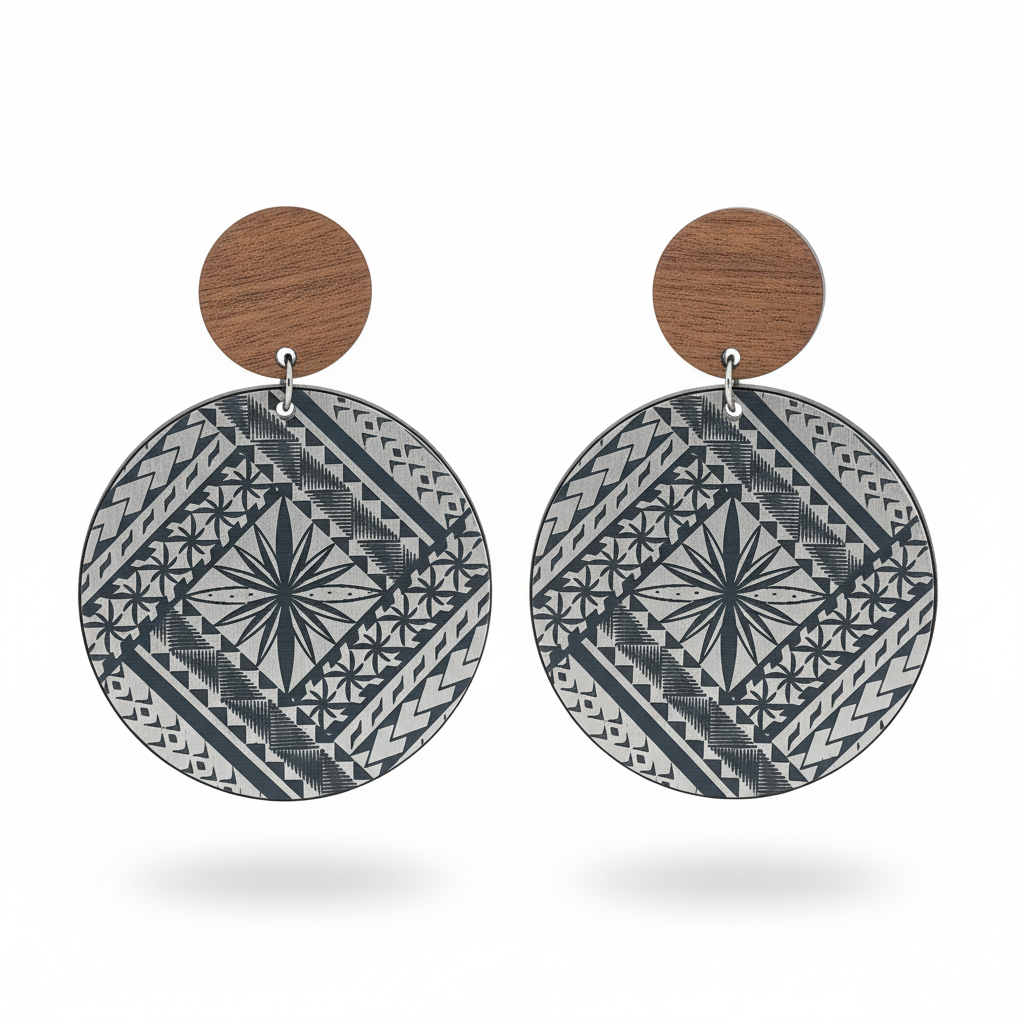Samoan Tapa Round Wood Stud earrings, bold round drop with engraved Samoan tapa motif; brushed silver metallic disc with natural wood stud.