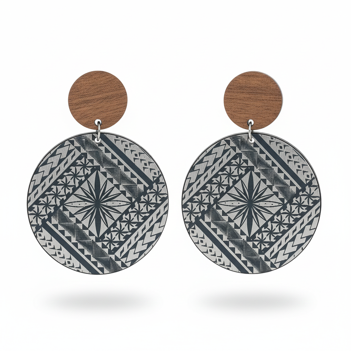 Samoan Tapa Round Wood Stud earrings, bold round drop with engraved Samoan tapa motif; brushed silver metallic disc with natural wood stud.
